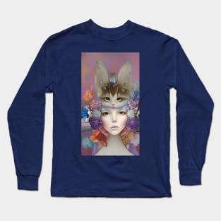 Wonderful pastel colored design of flowers a pretty girl and cat Long Sleeve T-Shirt